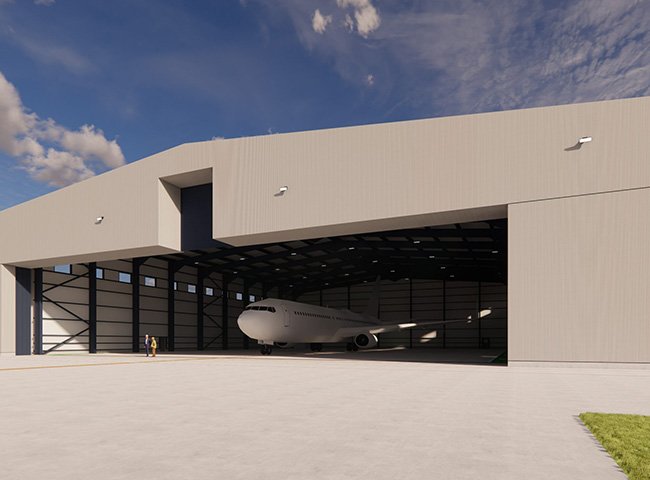 Steel frame aircraft hangar building