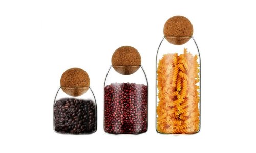 Con Corcho Tapa de bola Almacenamiento de alimentos Tarro Borosilicato de grado alimenticio de cocina Vidrio Botellas y frascos de almacenamiento Logotipo personalizado hecho a mano Ronda de fiesta