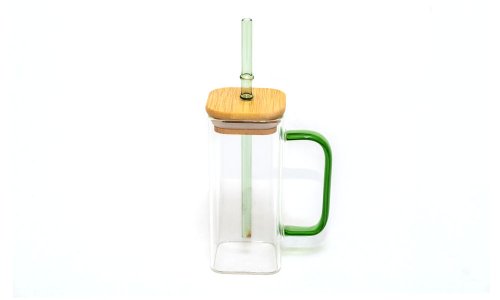 Taza de café colorida de vidrio de borosilicato con tapa y pajita