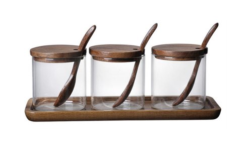 Característica ecológica: frascos de vidrio de borosilicato para alimentos, especias, frascos de almacenamiento de vidrio transparente herméticos con tapa y cuchara de Acacia