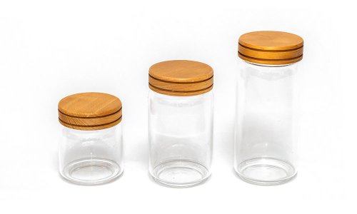Tarros de almacenamiento de contenedores de vidrio de borosilicato con especias de comida de cocina de estilo rural grande personalizados con tapas de madera