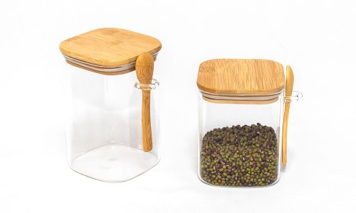 Tarro de cristal cuadrado y redondo claro del almacenamiento de la especia de los envases de comida del conservante de la forma con la tapa de bambú de la cuchara
