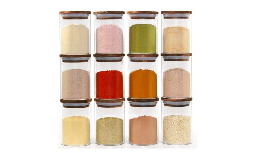 Paquete de 12 tarros de especias de vidrio de borosilicato transparente de forma cuadrada y redonda con tapas de bambú