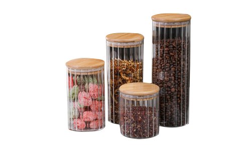Juego de tarros de vidrio para botellas de especias con rayas verticales acanaladas personalizadas con tapas herméticas de bambú, etiquetas y bolígrafo