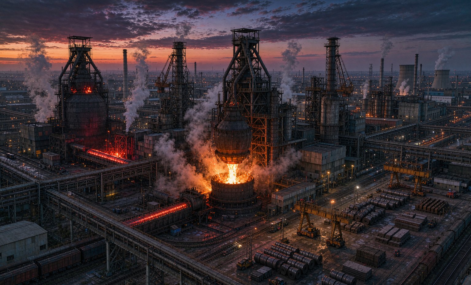 Aerial view of an integrated steel plant at dusk with molten steel being tapped