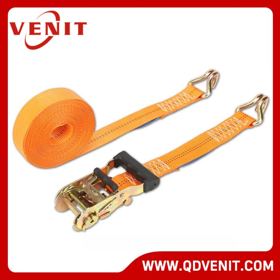 2T Rubber Handle Orange Ratchet Strap with Double J Hook