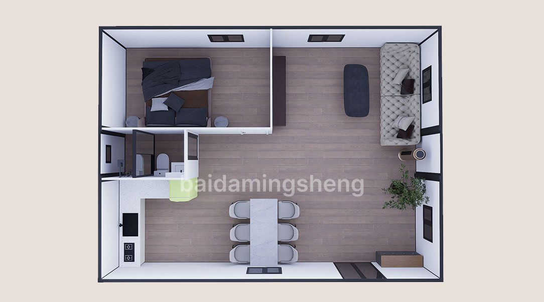 30 feet flat roof one bedroom and one living room