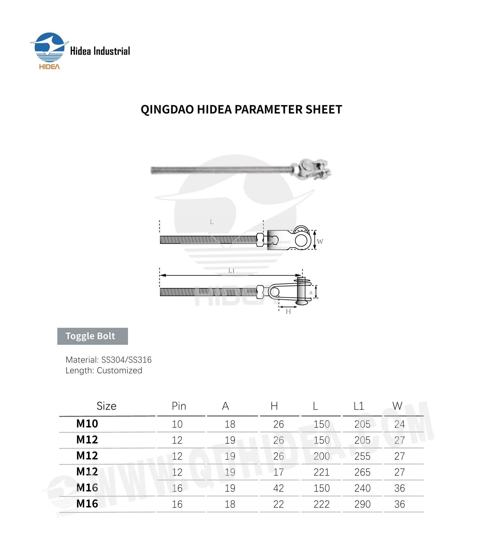 Toggle Bolt Specification