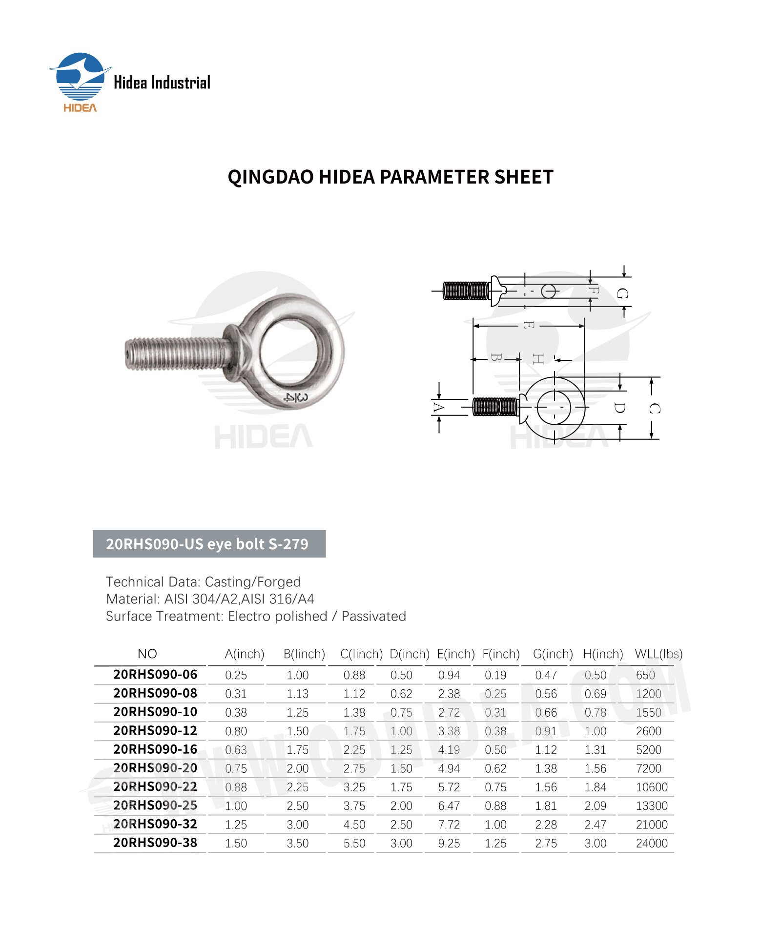 G-279 Stainless Steel Machinery Eye Bolt Specification