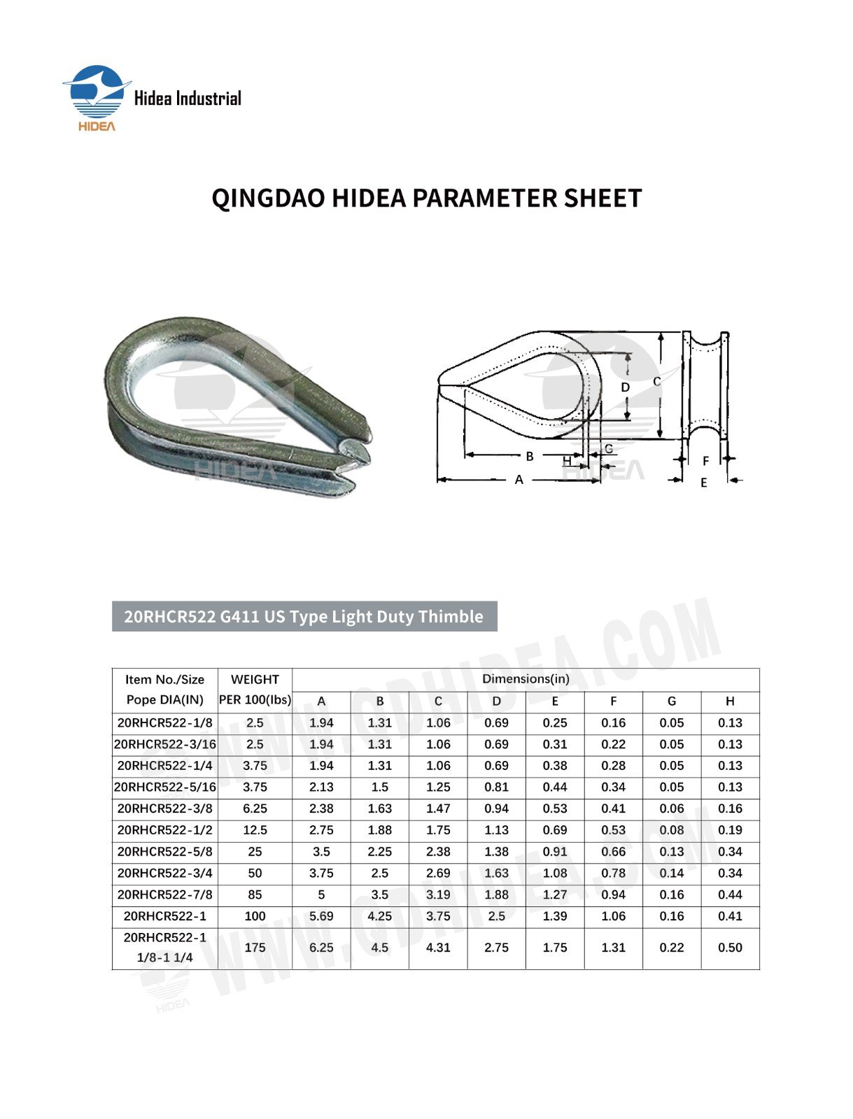 HIDEA Light Duty Thimble Specification