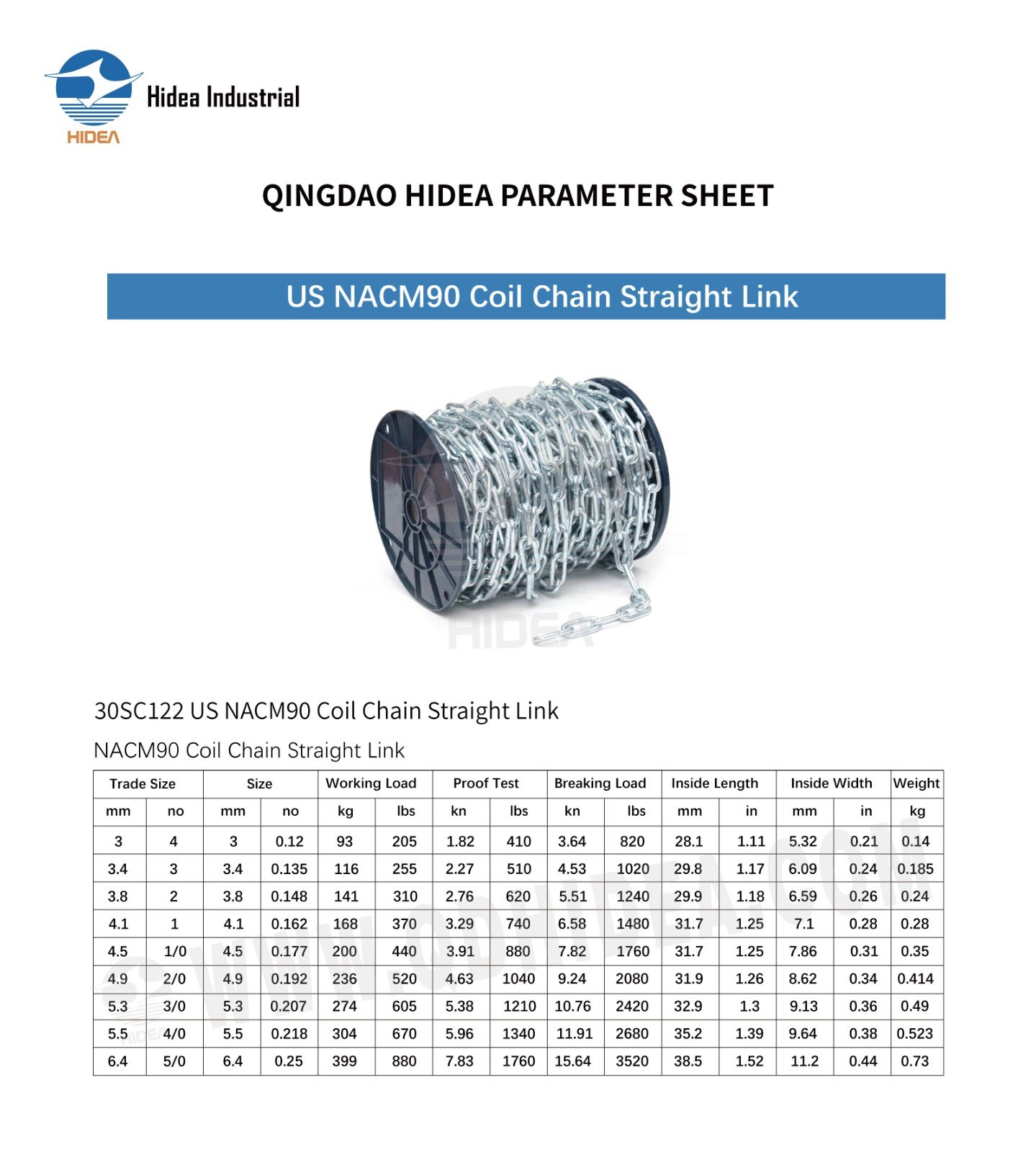 NACM90 Straight Link Coil Chain Specification