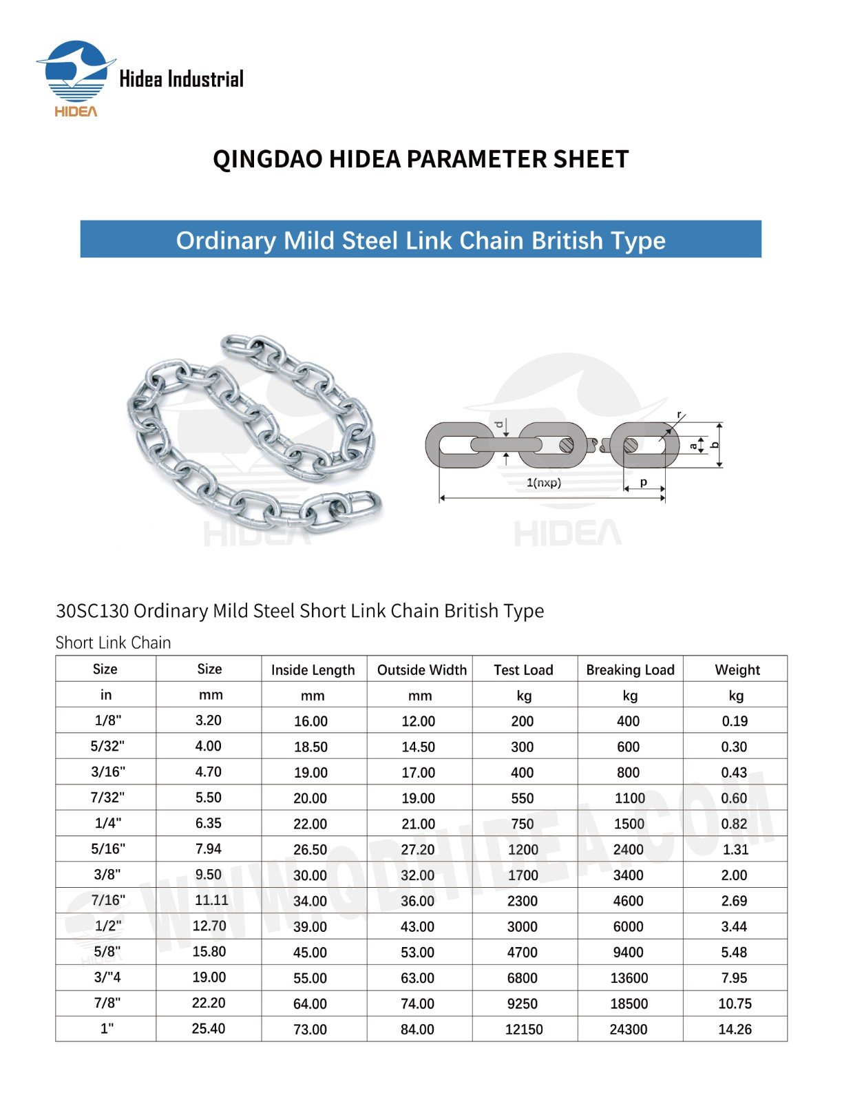 HIDEA Mild Steel Short Link Chain Specification