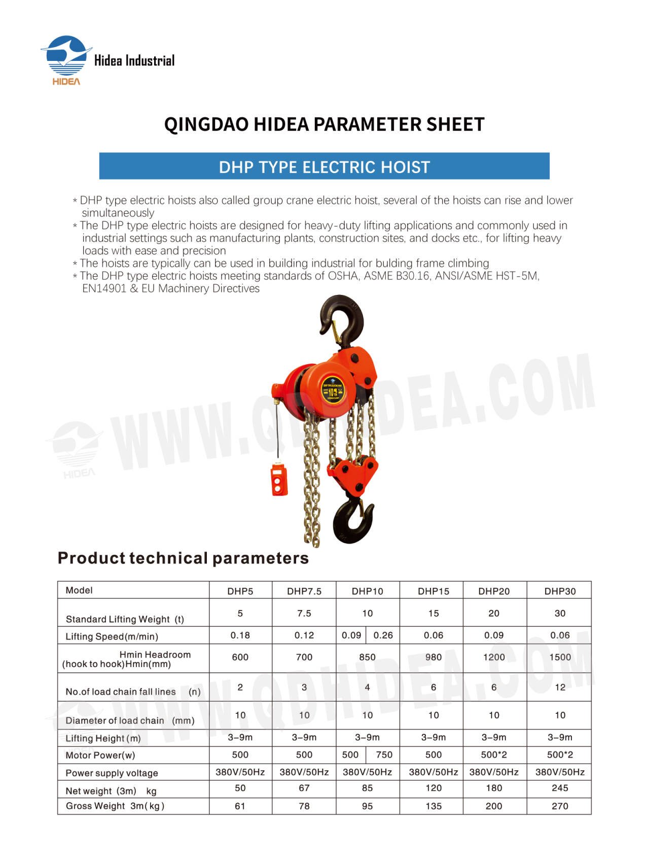 Group Crane Electric Hoist Specification