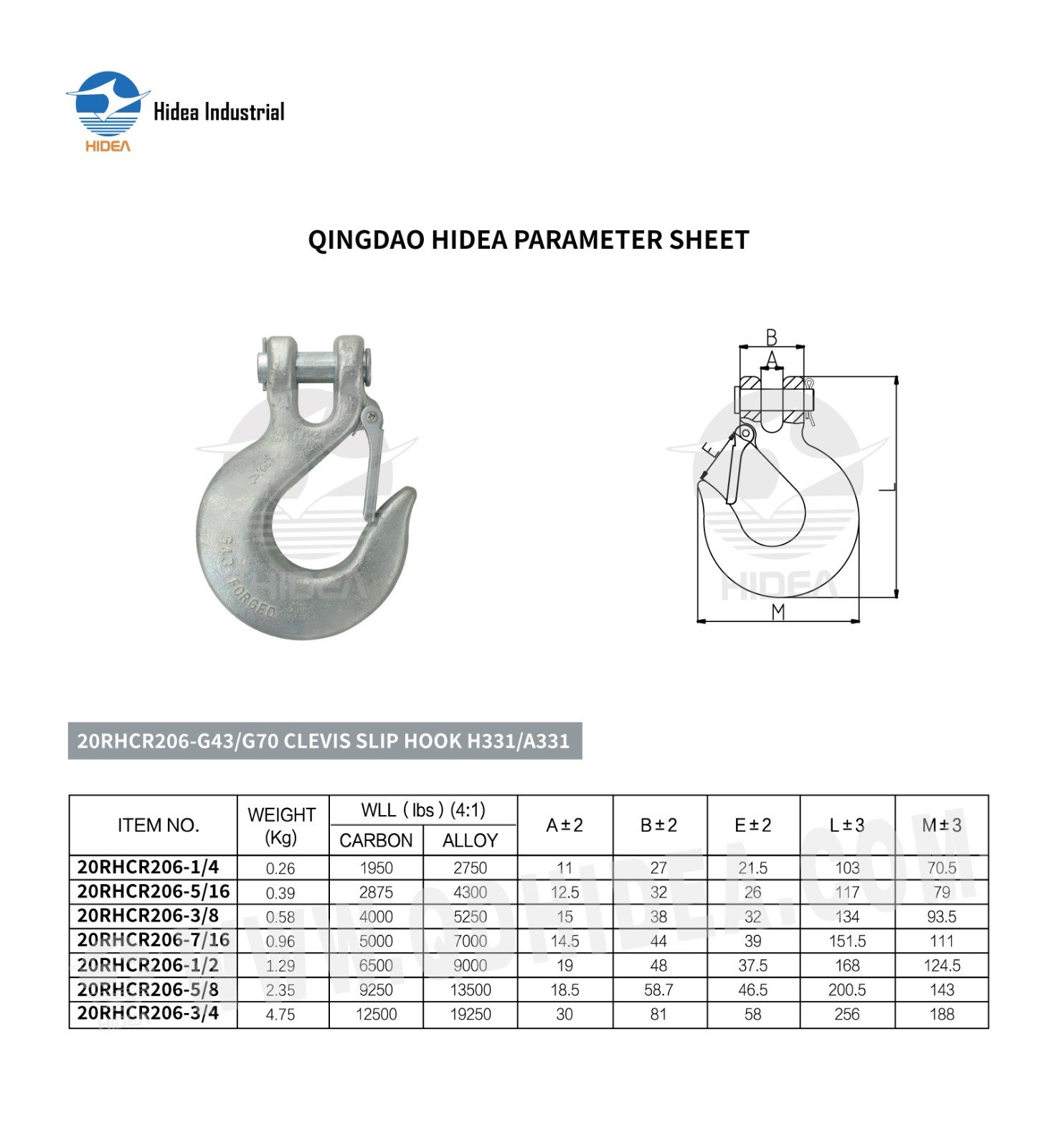 G70/G43 Forged Clevis Slip Hook with latch Specification