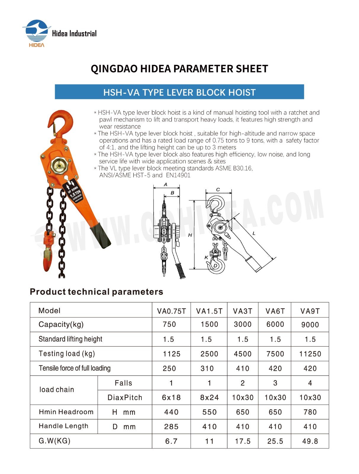 HIDEA HSH-VA Type Lever Block Hoist 0.75T - 9T