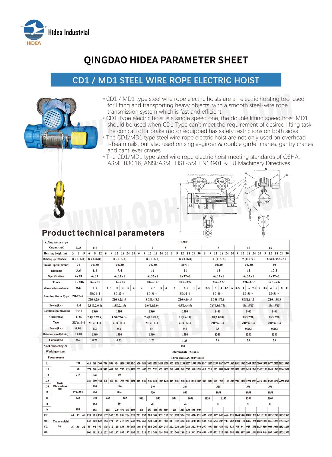 HIDEA Electric Wire Rope Hoists CD1/MD1
