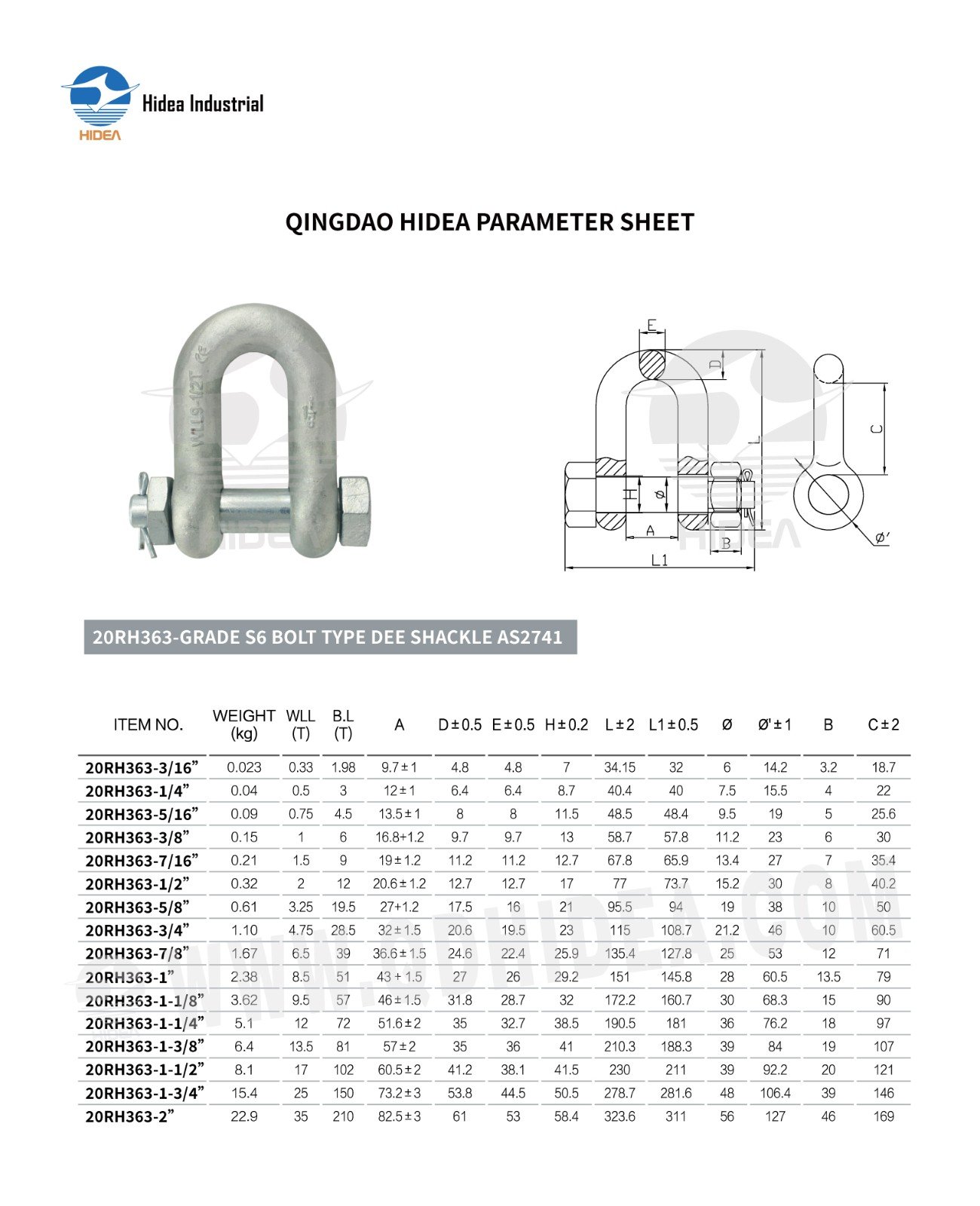 HIDEA Australian Type Dee Shackle with Safety Bolt