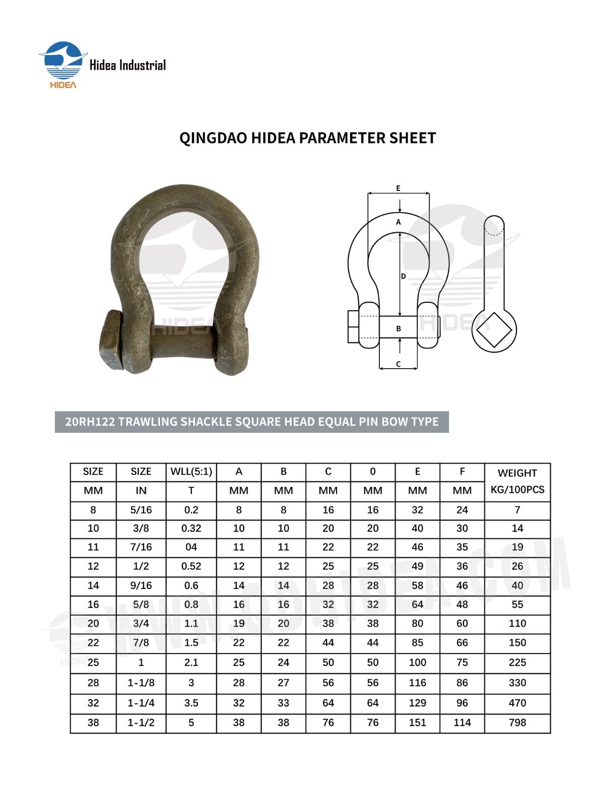 HIDEA Trawling Bow Shackle with Square Head Pin