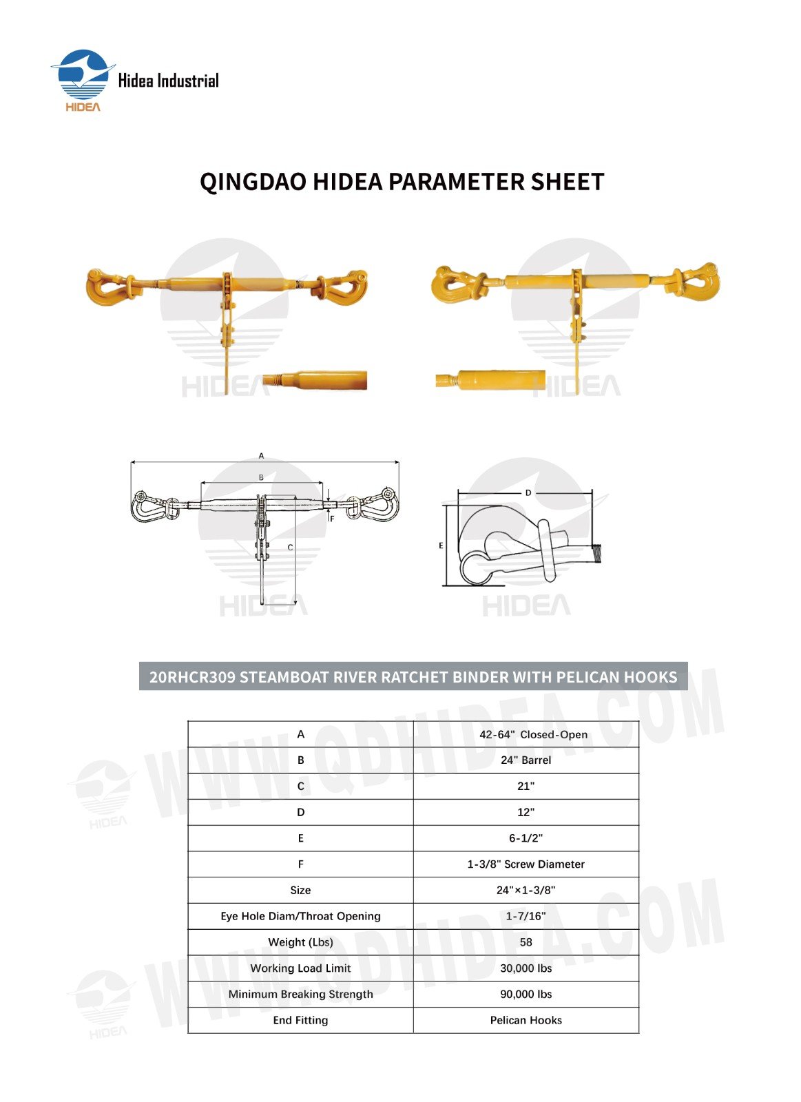 HIDEA Steamboat River Ratchet Binder w/ Pelican Hooks