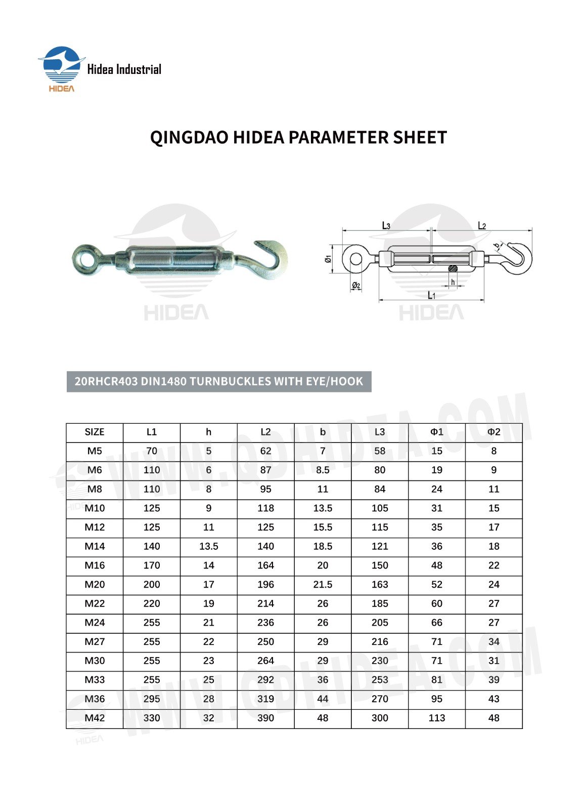HIDEA DIN1480 Open Body Turnbuckle with Hook and Eyelet