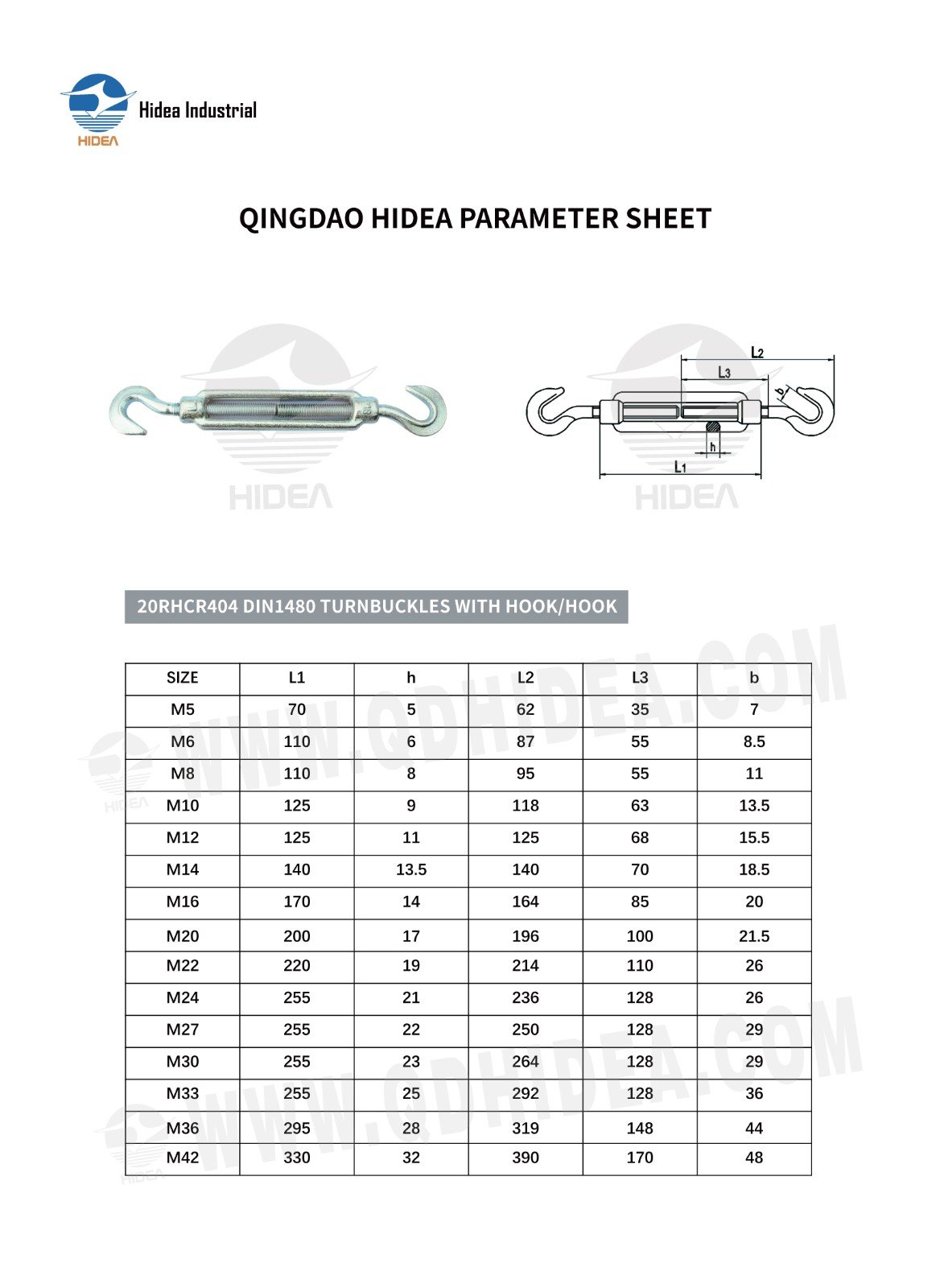 HIDEA DIN1480 Open Body Turnbuckle Hook to Hook