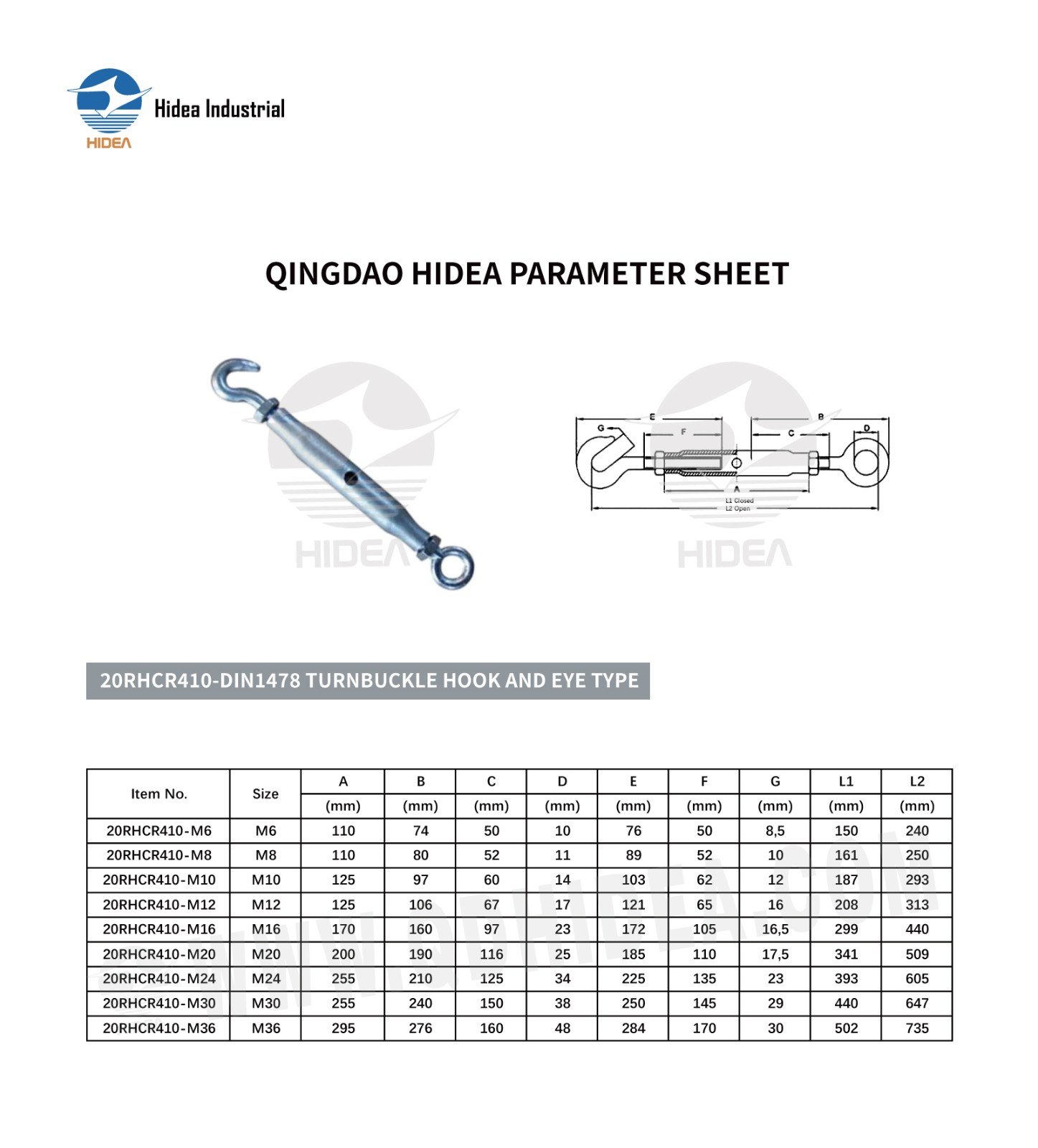 HIDEA DIN1478 Hook & Eye Pipe Body Turnbuckle