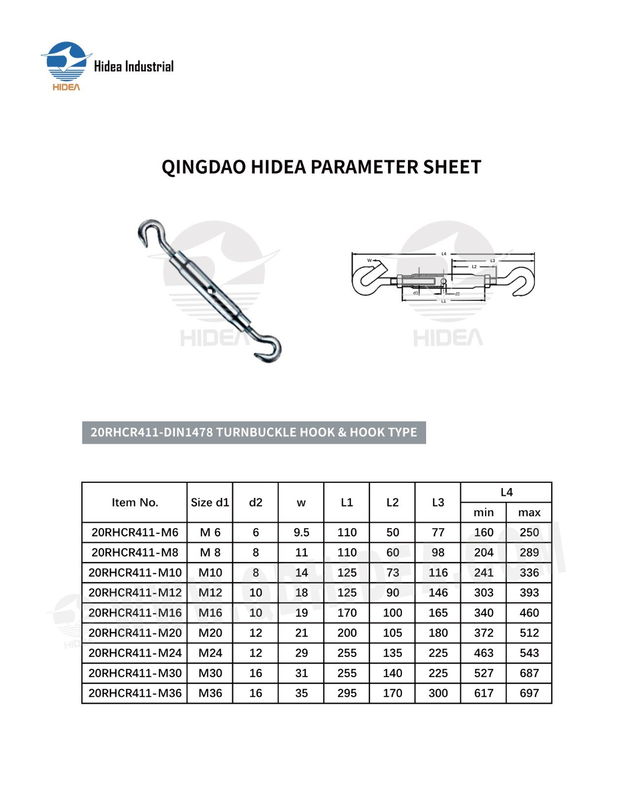 HIDEA DIN1478 Hook & Hook Pipe Body Turnbuckle
