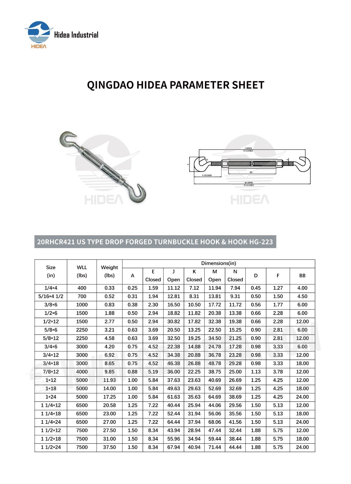 HIDEA US Type Turnbuckle Hook & Hook