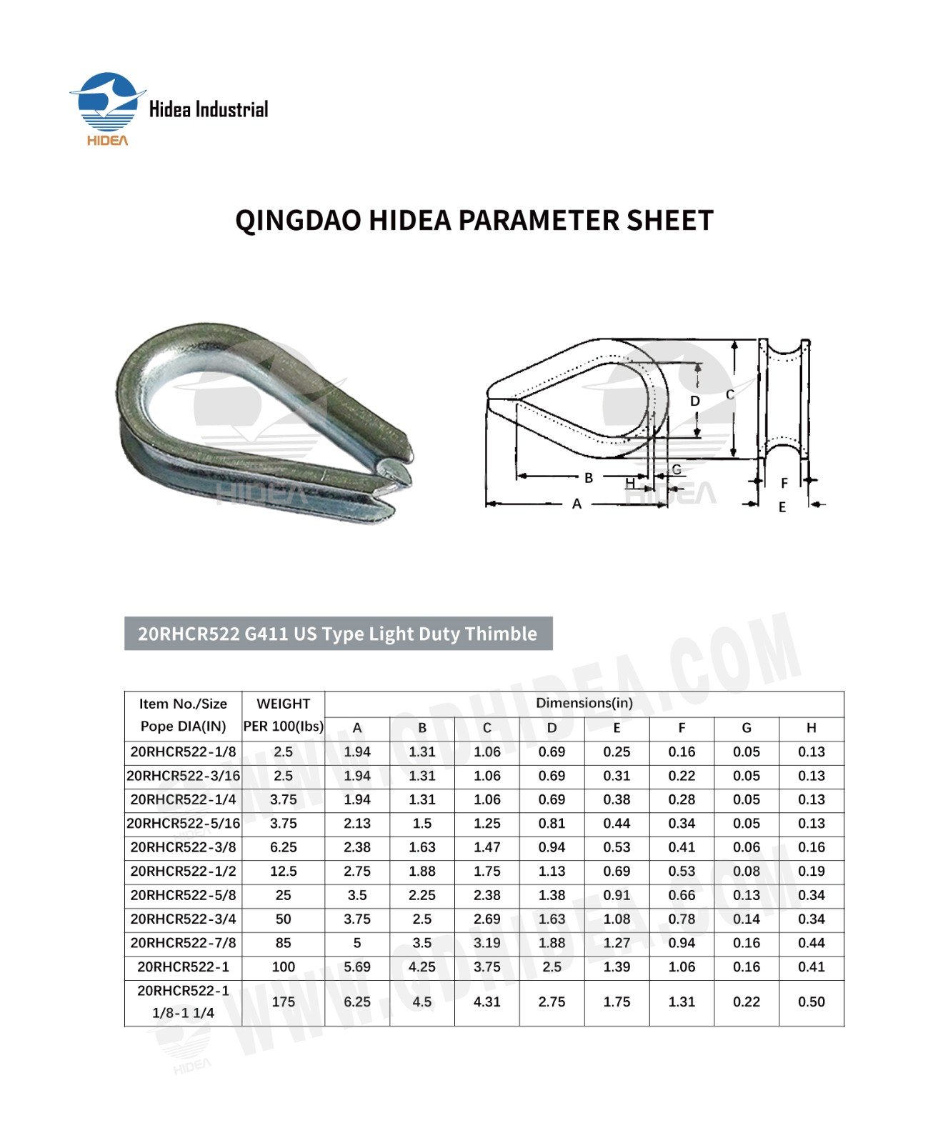 HIDEA Light Duty Wire Rope Thimble | G-411 Commercial Thimble