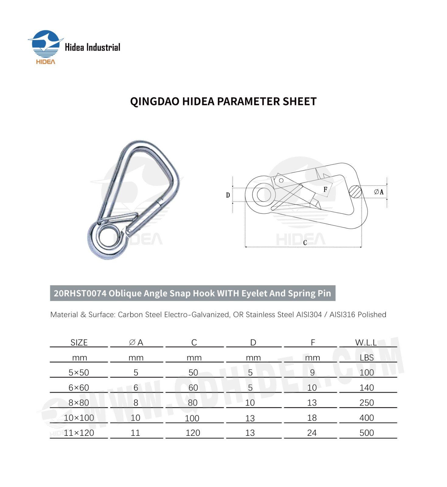 HIDEA Oblique Angle Spring Snap with Eyelet & Spring Pin