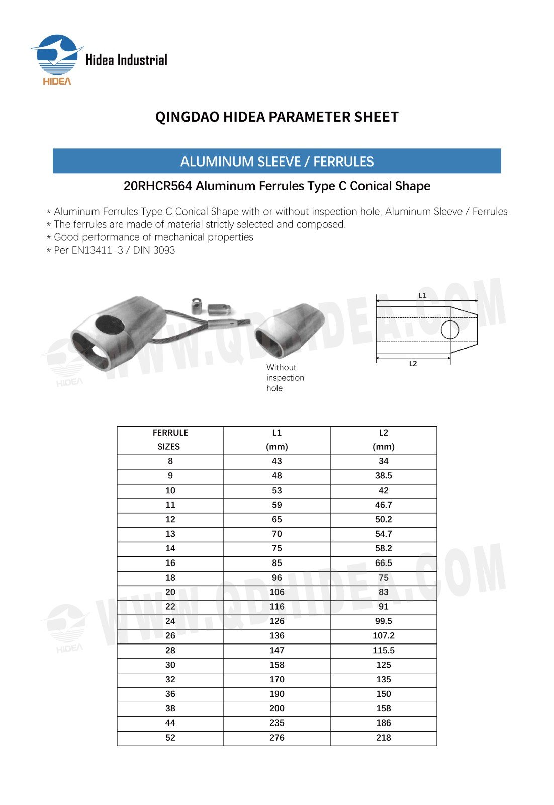 HIDEA Aluminium Wire Rope Ferrule Conical Shape