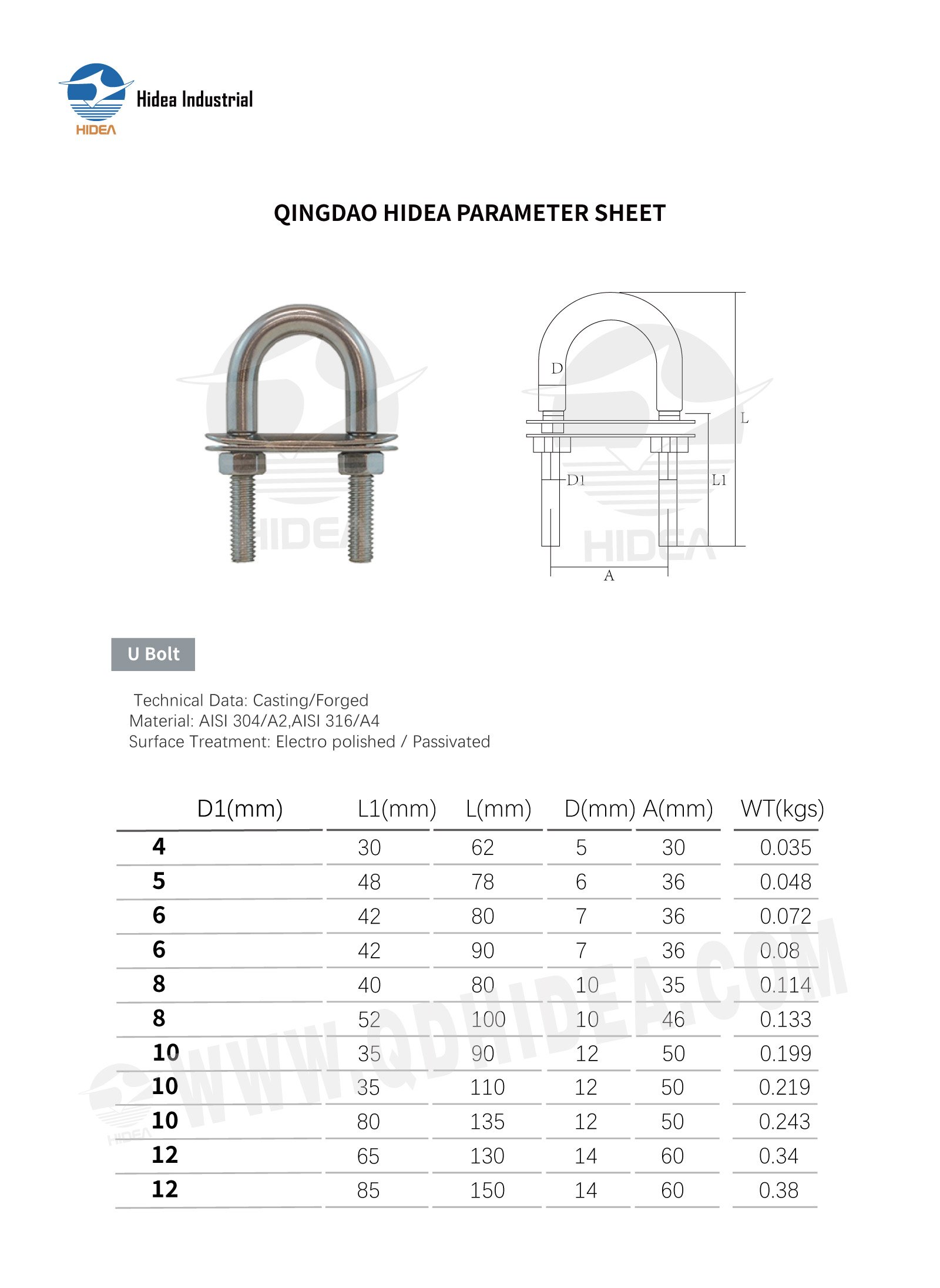 HIDEA Stainless Steel U-Bolt for Corrosion-Resistant Fastening
