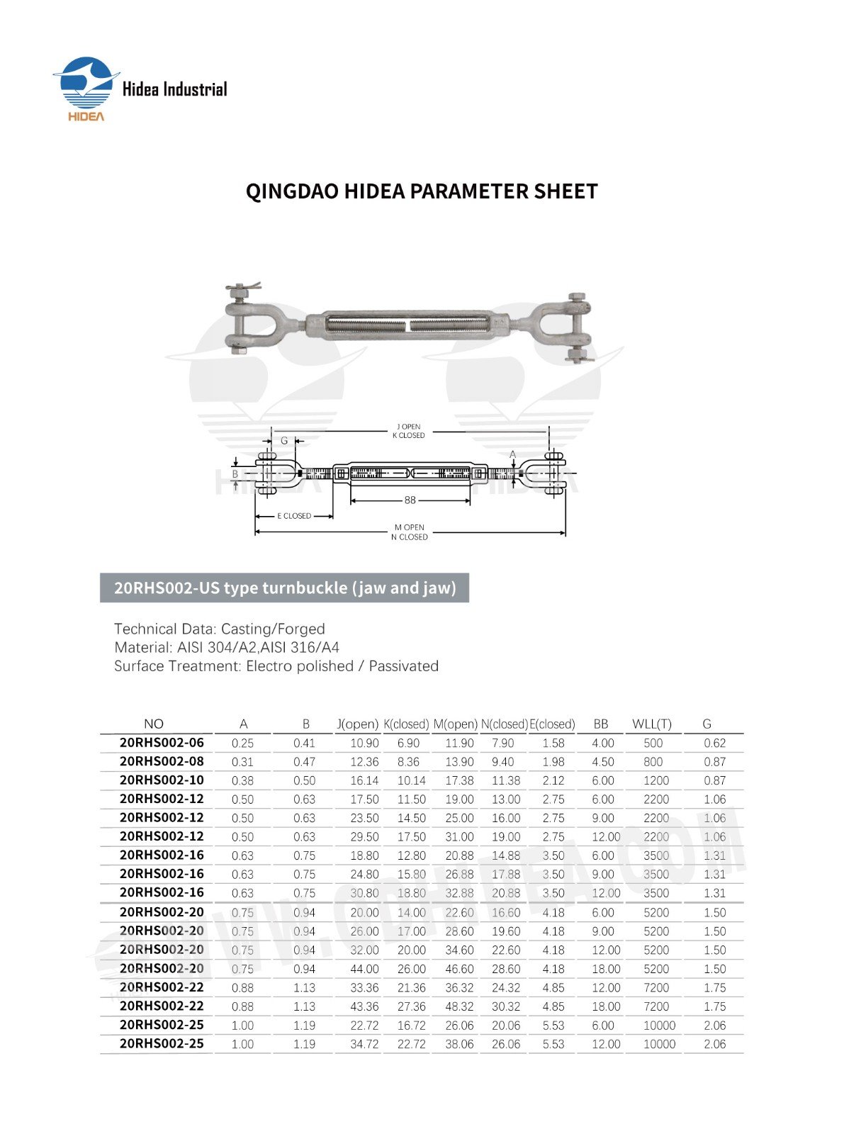 HIDEA Jaw to Jaw Stainless Steel Turnbuckle Open Body