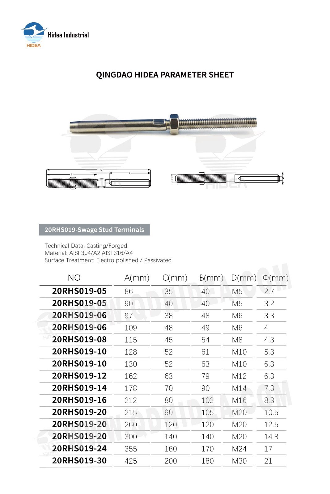 HIDEA Stainless Steel Swage Stud Terminal
