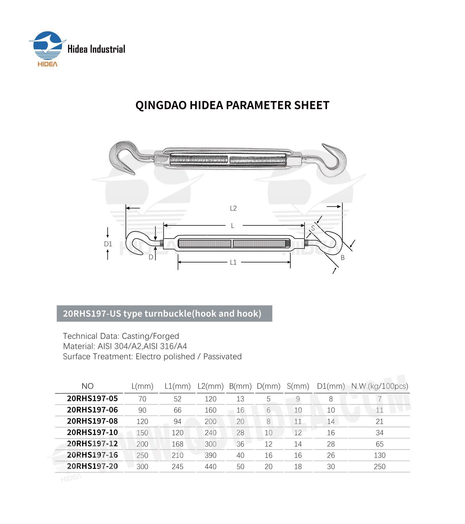 HIDEA Stainless Steel Open Body Type Turnbuckle Hook Ends