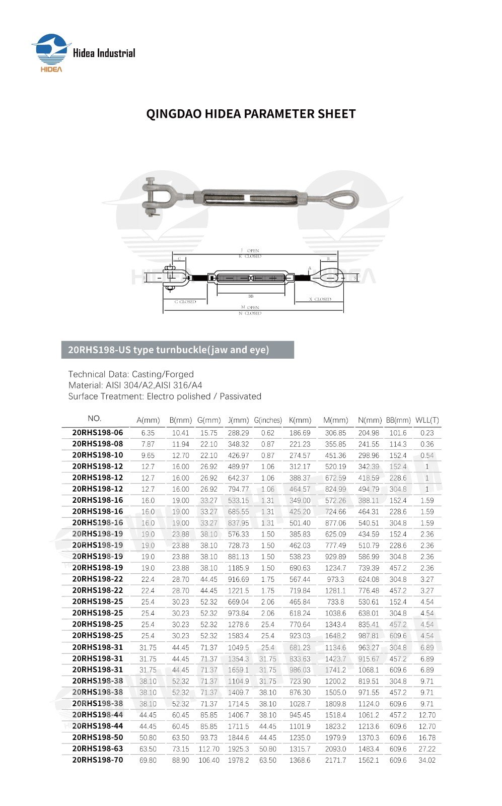 HIDEA Jaw to Eye Stainless Steel Turnbuckle Open Body