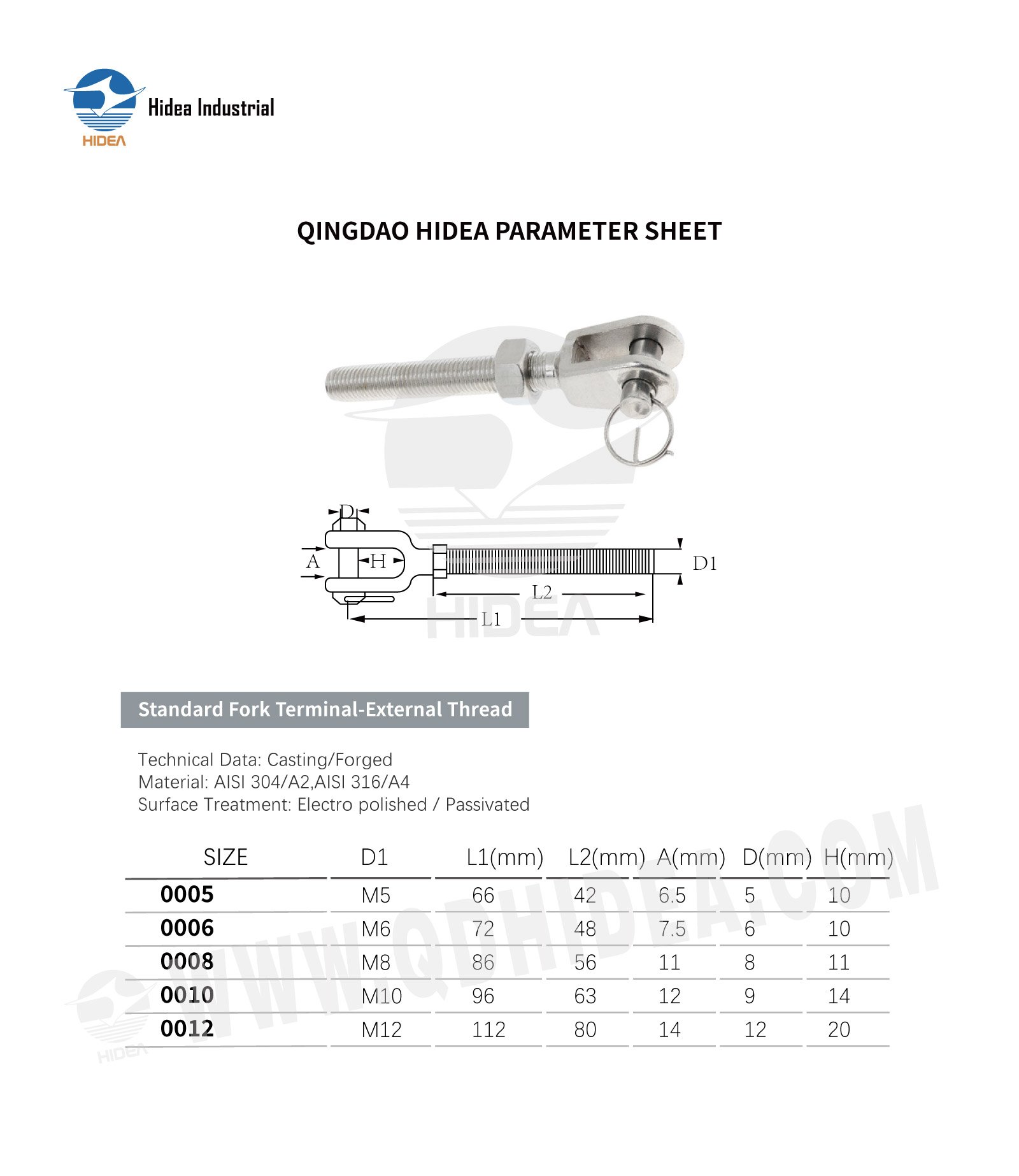 HIDEA Stainless Steel Threaded Fork Terminal