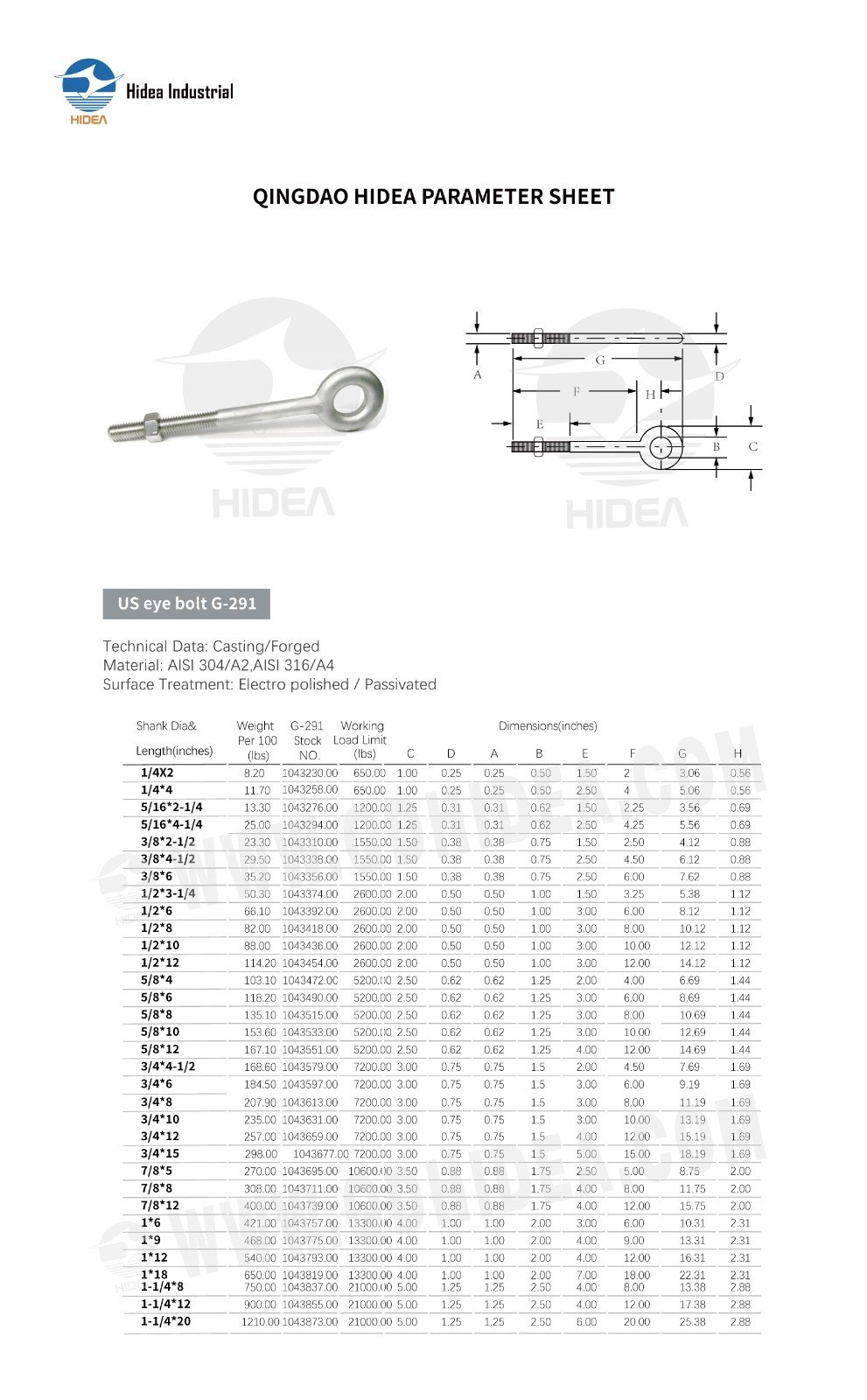 HIDEA G-291 Stainless Steel Regular Nut Eye Bolt
