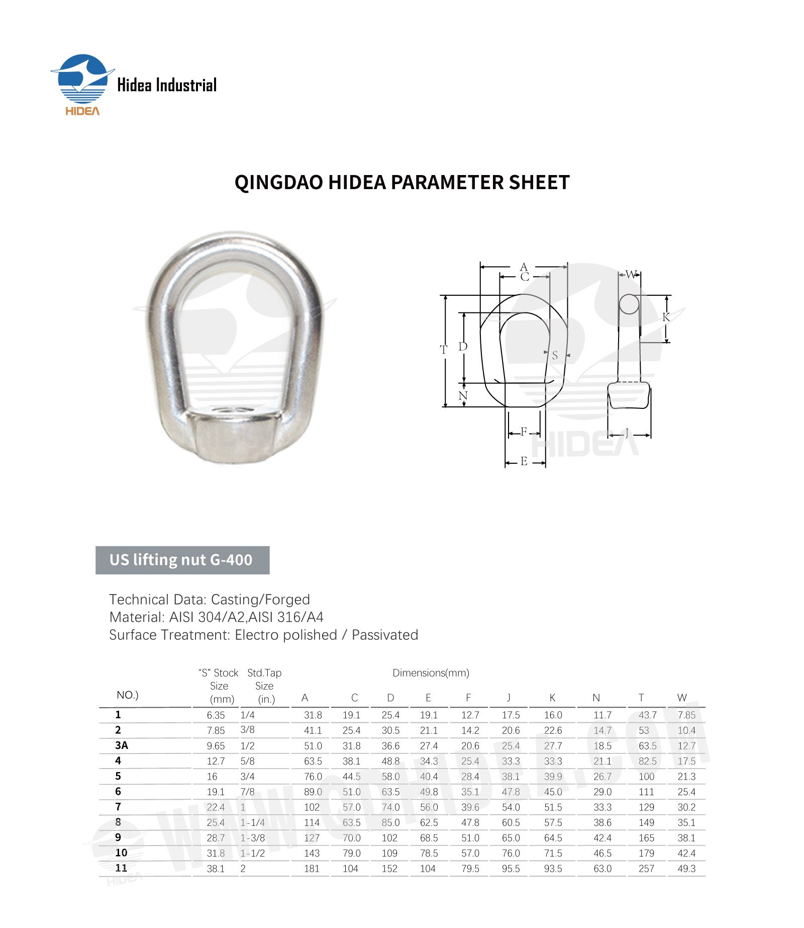 HIDEA G-400 Stainless Steel Lifting Eye Nut