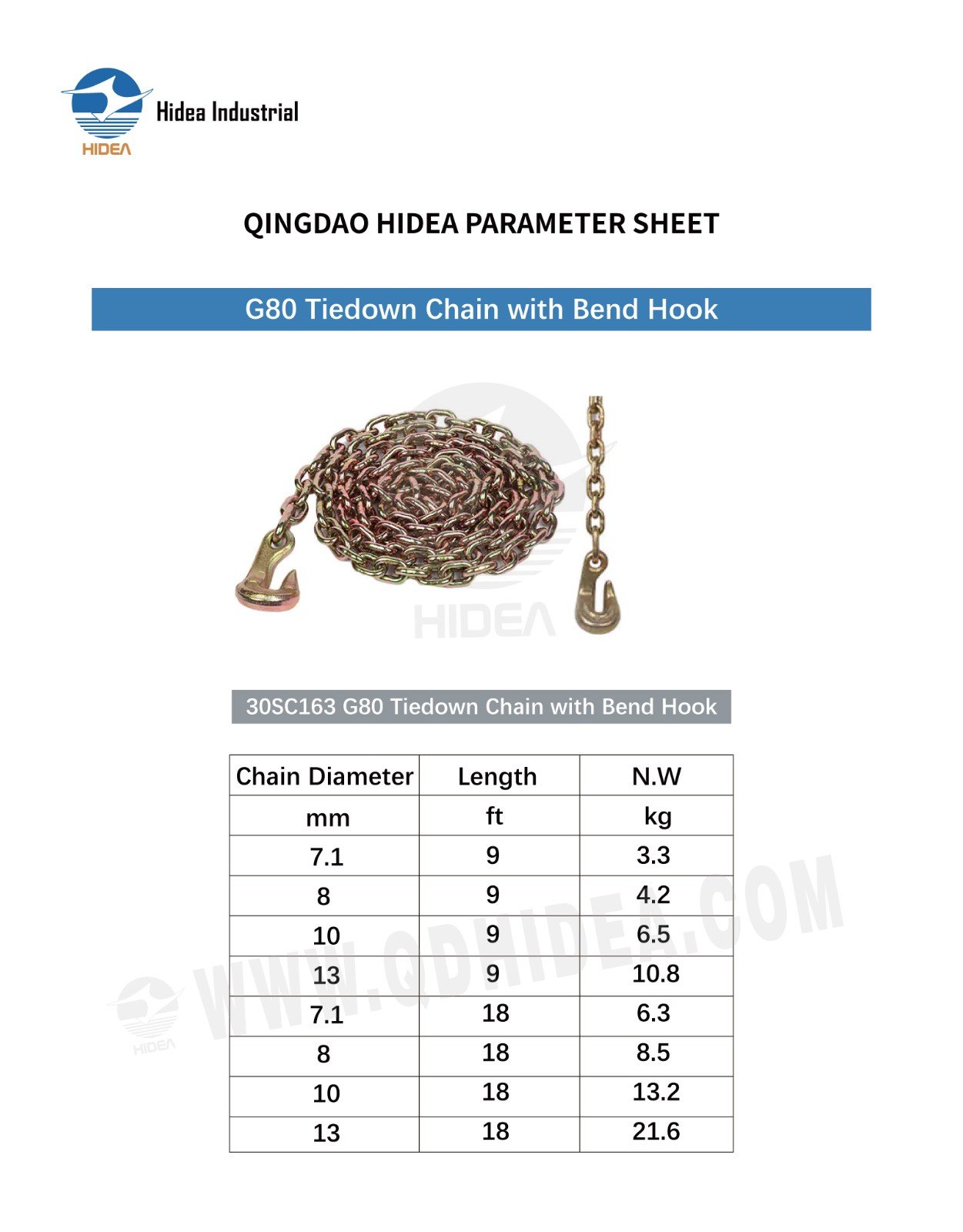 HIDEA G80 Cargo Tie Down Chain with Bent Hook