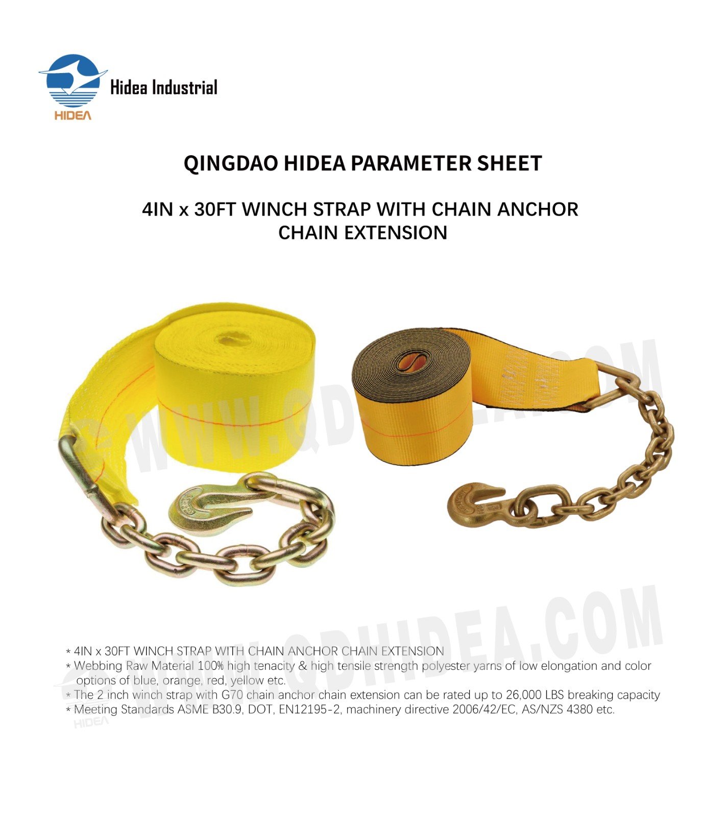 HIDEA 4" X 40' Winch Strap with G70 Chain Extension