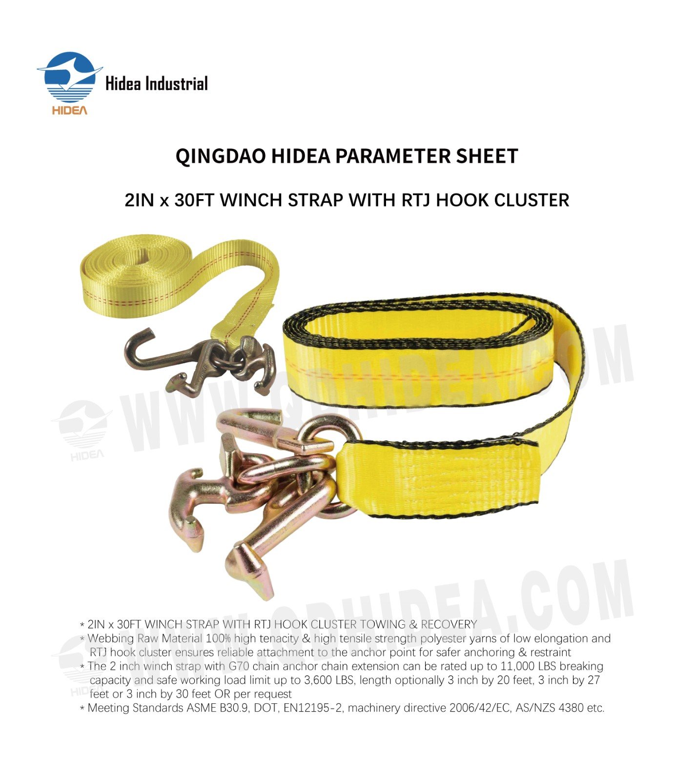 HIDEA 2IN x 30FT Recovery Winch Straps with RTJ Cluster Hook