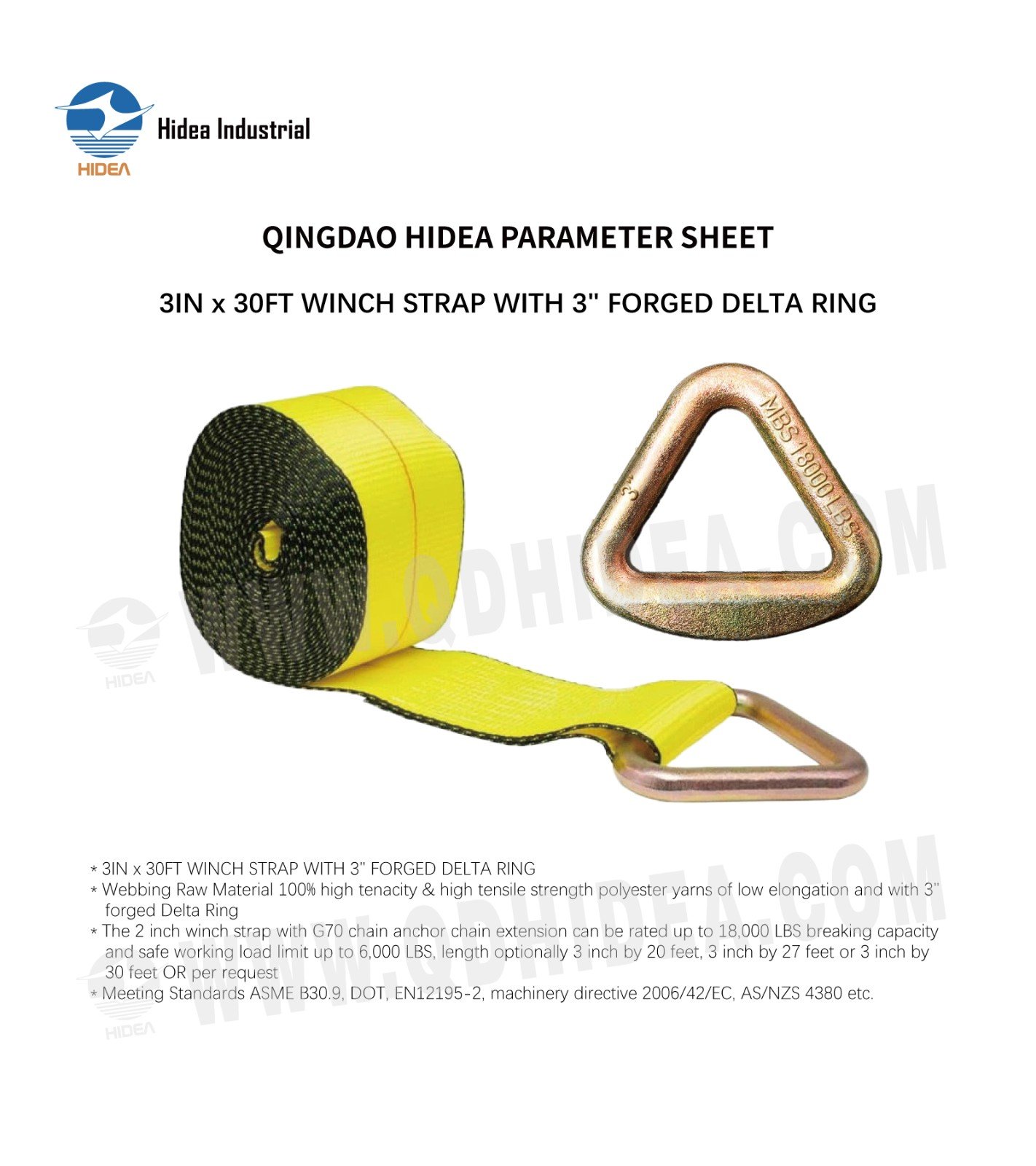 HIDEA 3" X 30' Winch Strap with 3" Delta Ring