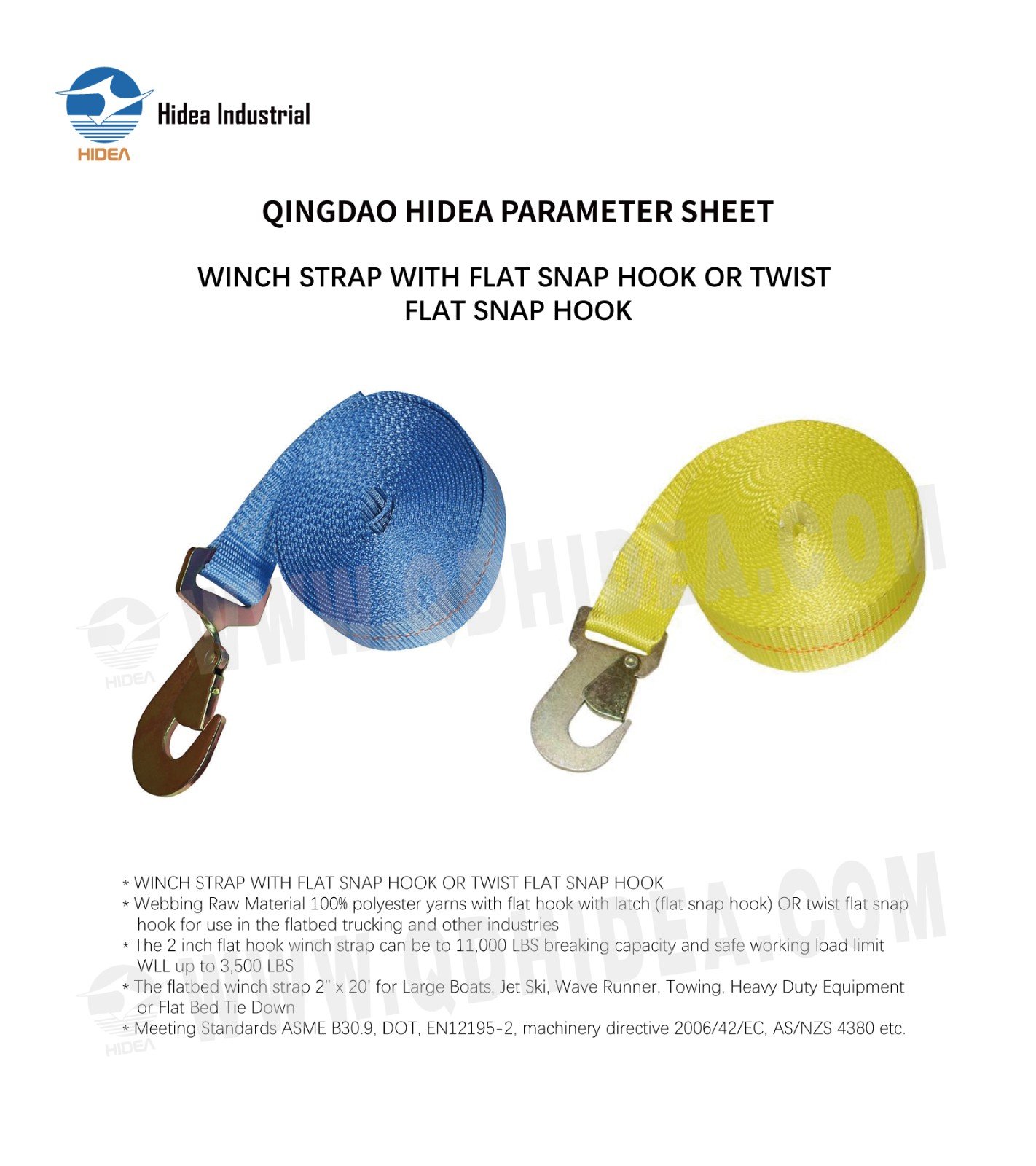 HIDEA 2-Inch Winch Strap with Flat Snap Hook