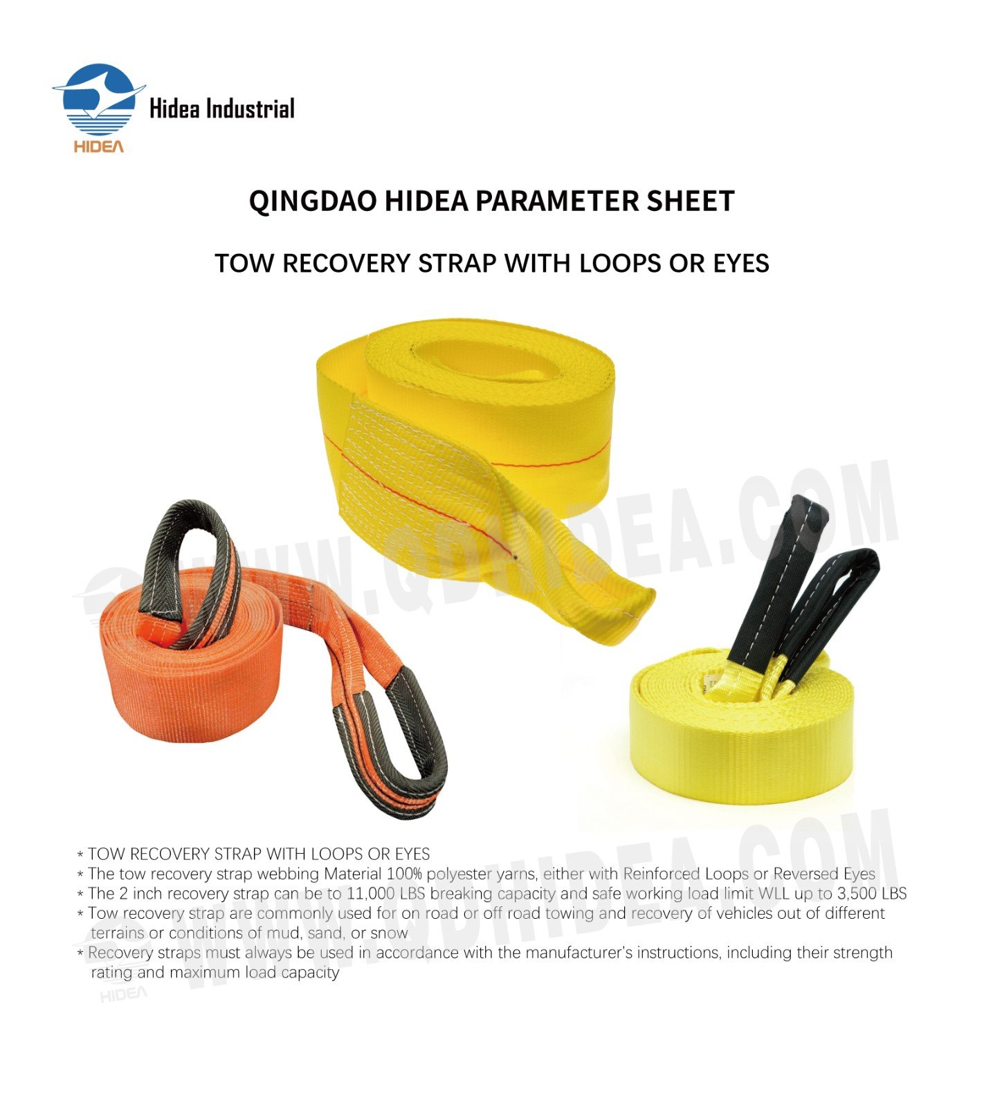 HIDEA Tow Strap with Loops or Eyes