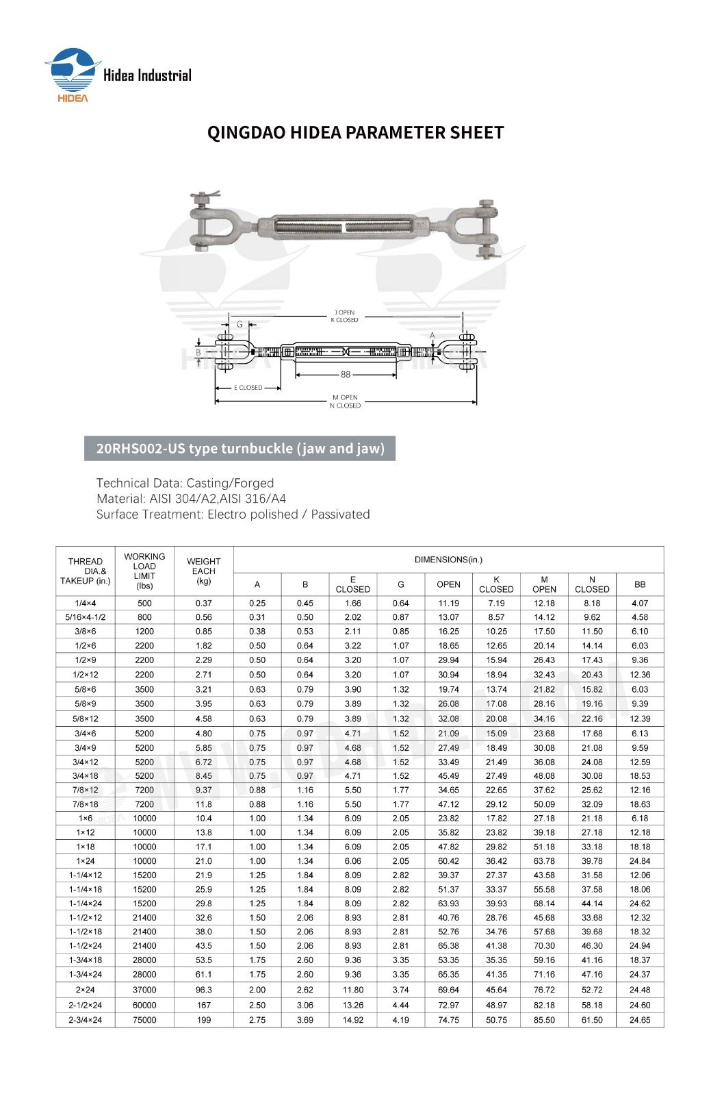 HIDEA Jaw to Jaw Stainless Steel Turnbuckle Open Body