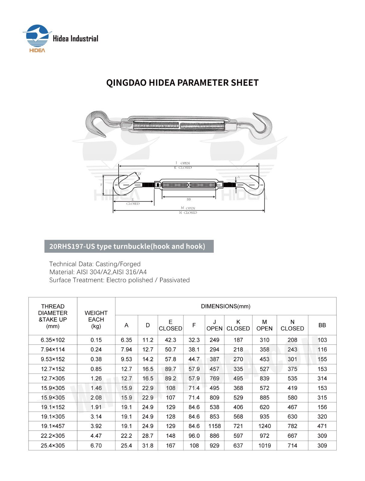 HIDEA Stainless Steel Open Body Type Turnbuckle Hook Ends