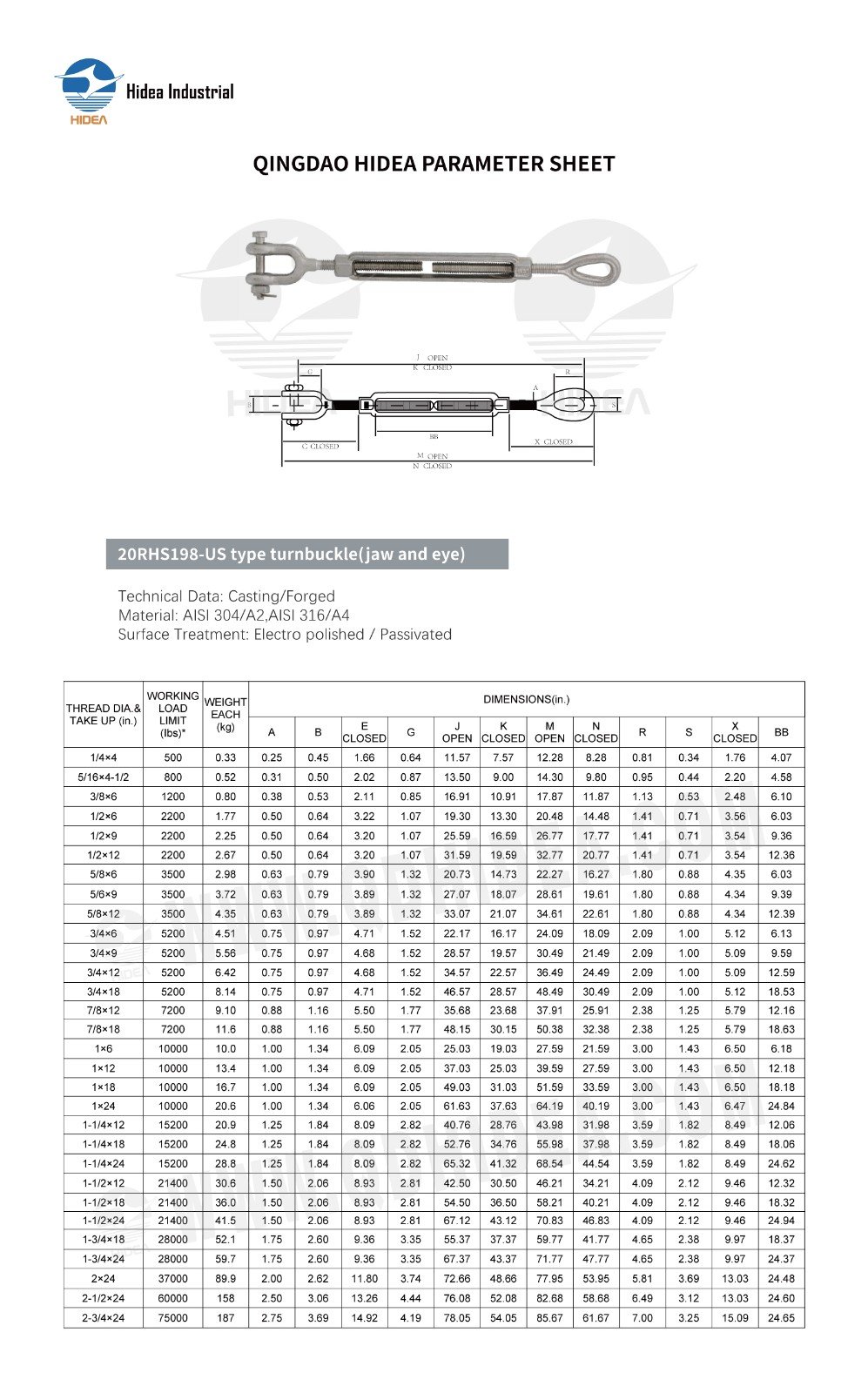 HIDEA Jaw to Eye Stainless Steel Turnbuckle Open Body