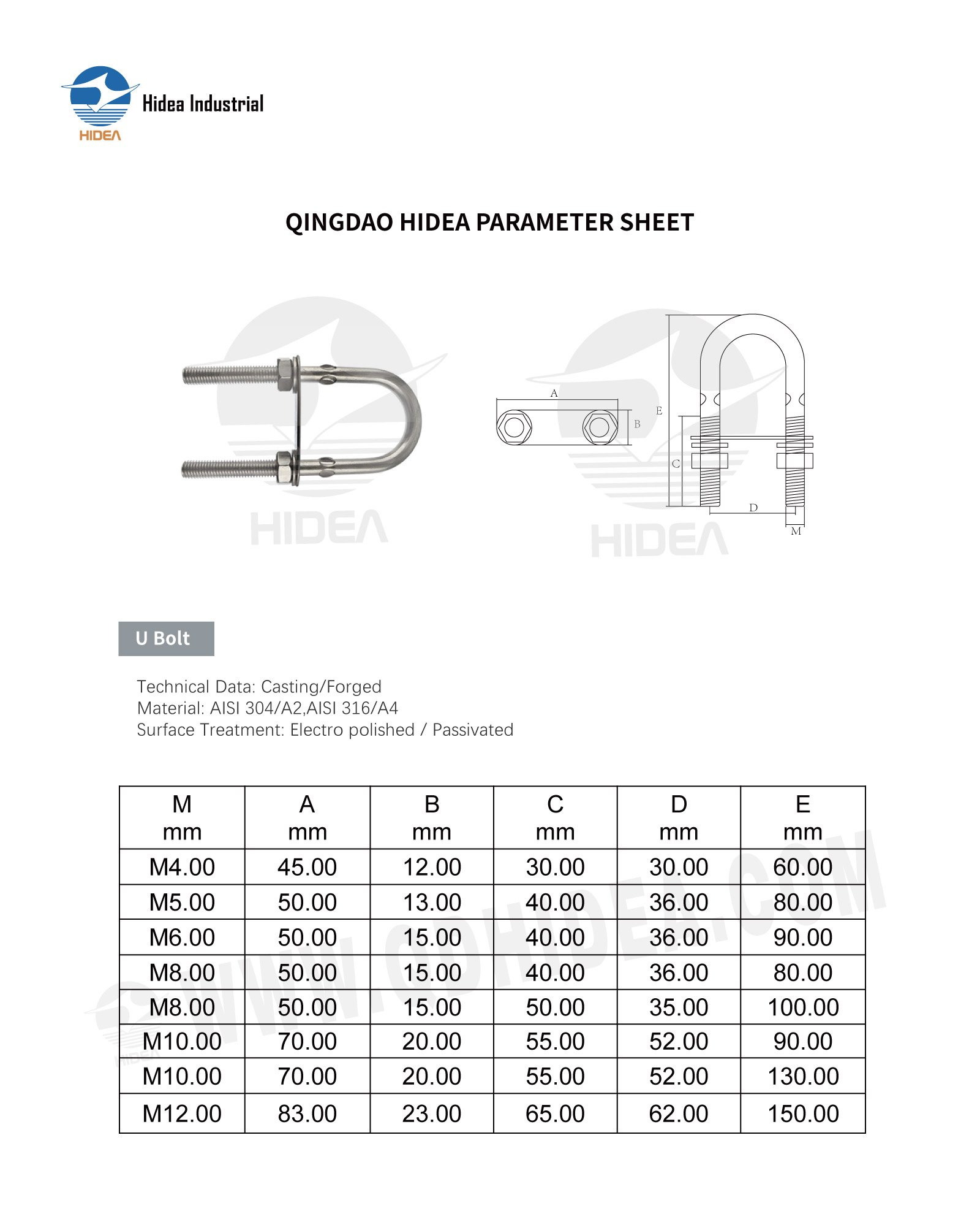 HIDEA Stainless Steel U-Bolt for Fastening Applications