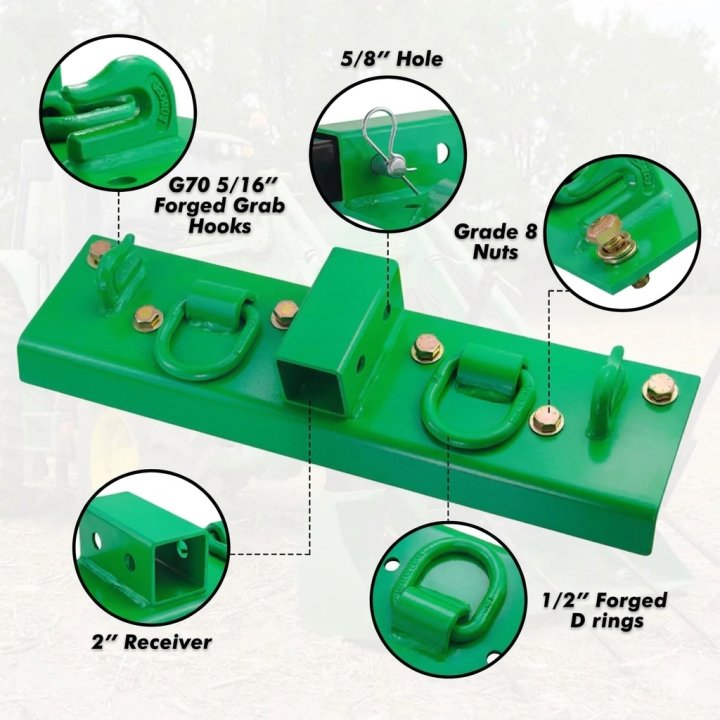 3/8" Tractor Bucket Grab Hooks with 1/2" Tie Down Ring and 2" Receiver Grade 70 Forged Steel Bolt-On for John Deere Compact Tractor Bucket 